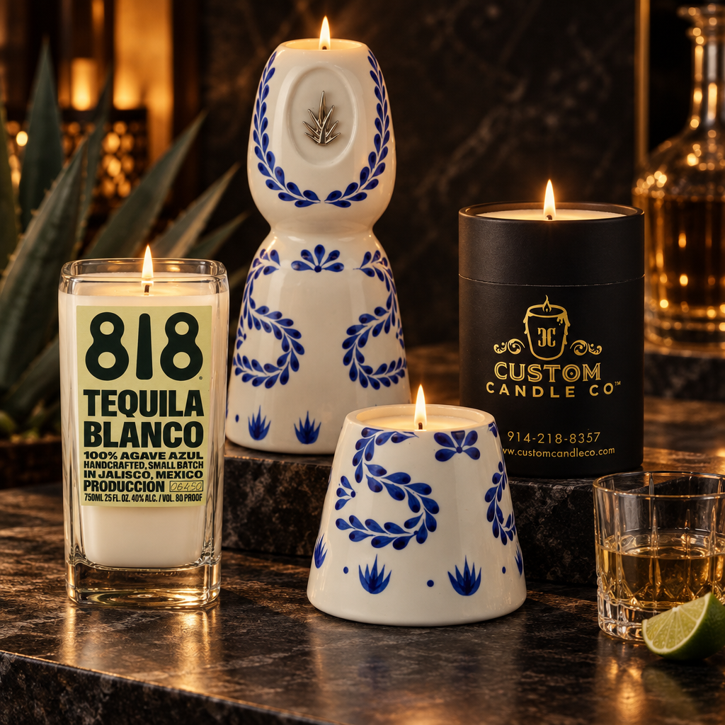 818 and Avión tequila bottle candles beside a blue-and-white ceramic bottle candle on a dark cocktail bar