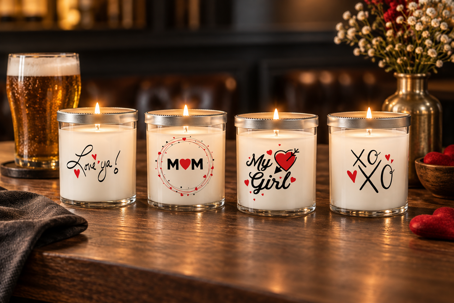 Valentine message candles in clear glass jars arranged with red roses, heart confetti and warm bar lighting
