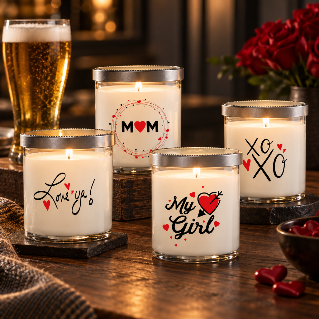 Valentine message candles in clear glass jars arranged with red roses, heart confetti and warm bar lighting