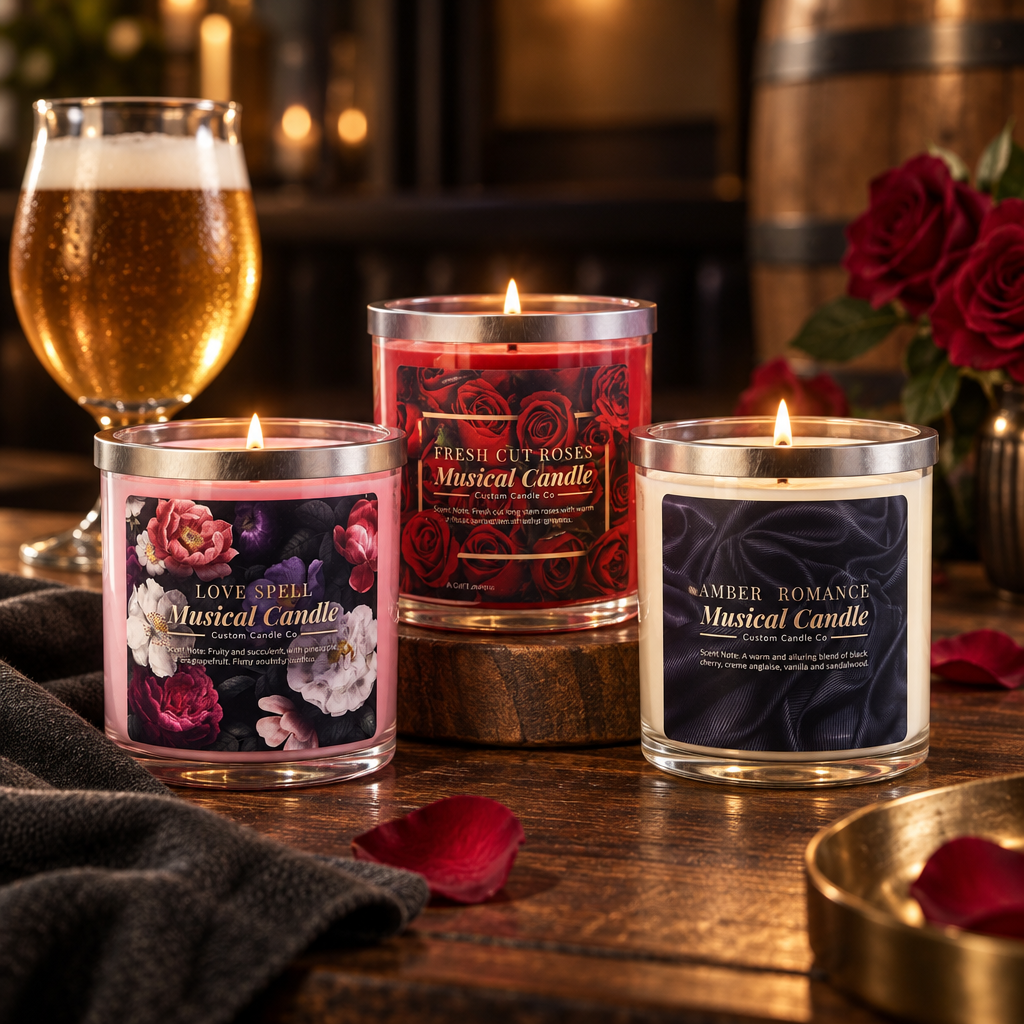 Four romantic musical candles in red and floral glass vessels glowing beside roses and a wine glass