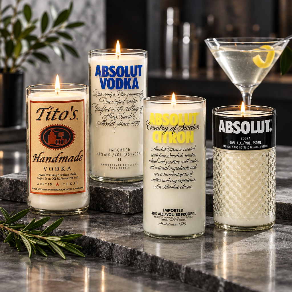 Four recycled vodka bottle candles with original graphic labels lined up on a pale marble cocktail bar