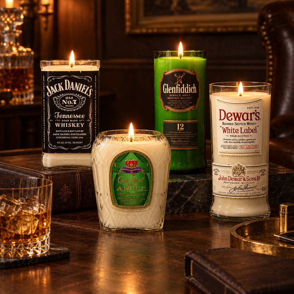 Four whiskey bottle candles glowing on a dark marble bar beside a tumbler and leather-bound book