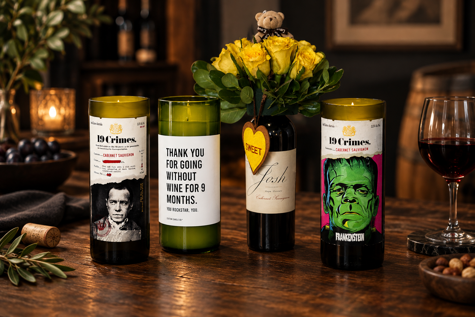 Wine bottle candles with graphic labels arranged beside yellow roses and a wine glass on a warm wooden table